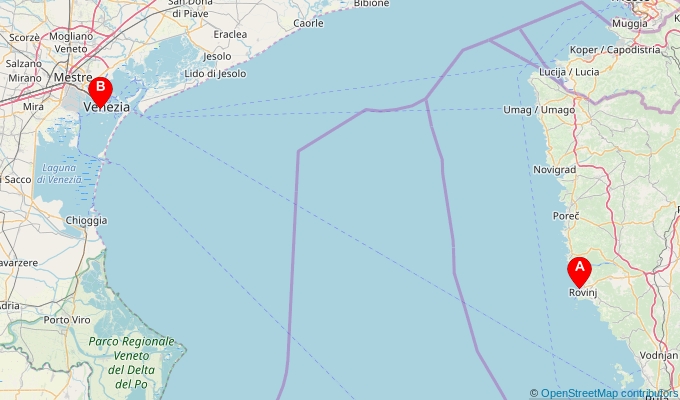 Map of ferry route between Rovinj and Venice (Venezia)